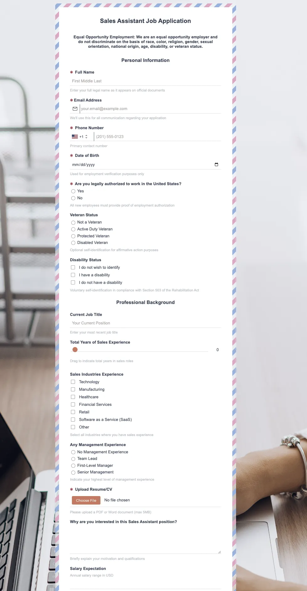 Preview of Sales Assistant Job Application