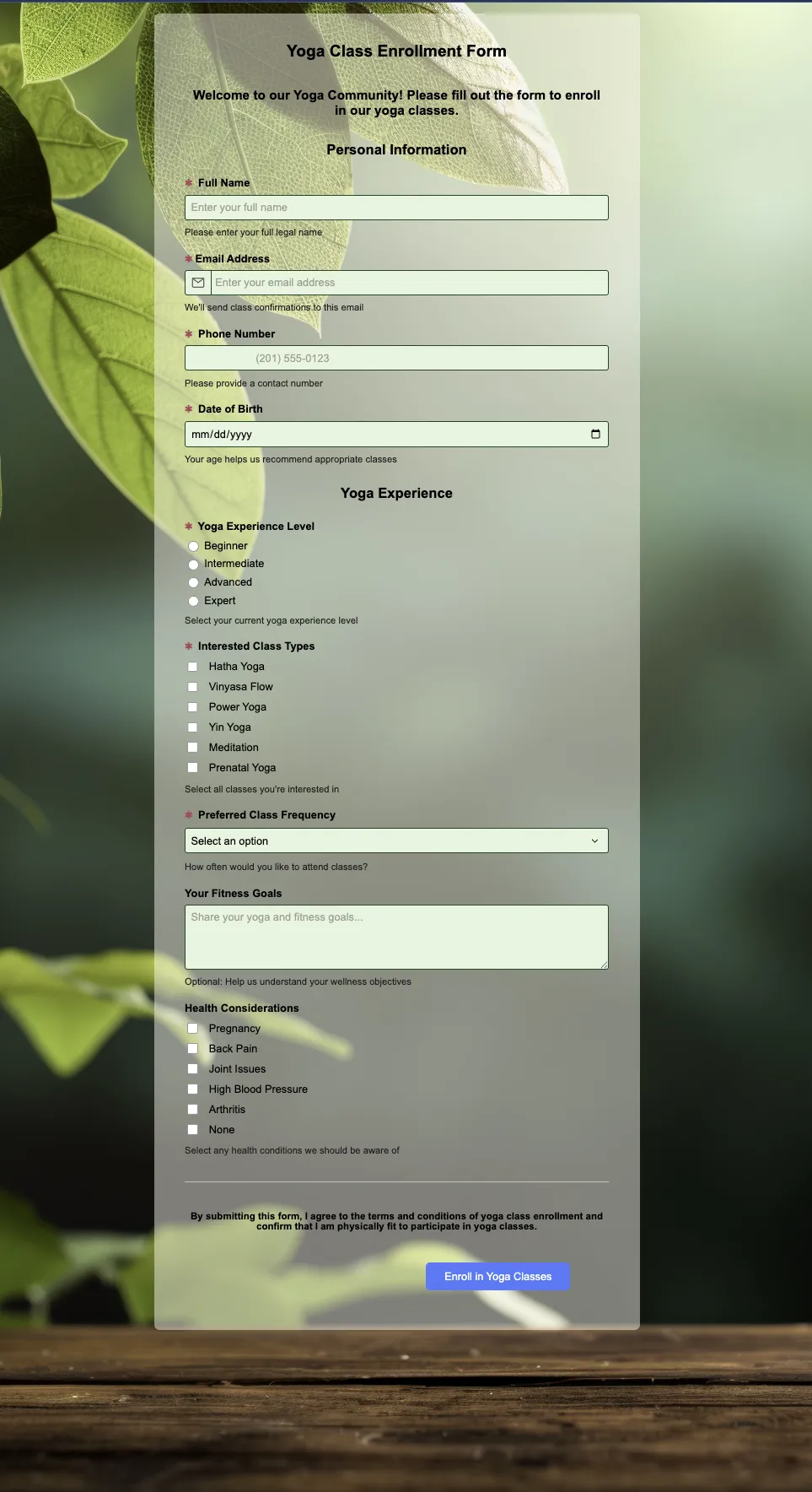 Preview of Yoga Class Enrollment Form